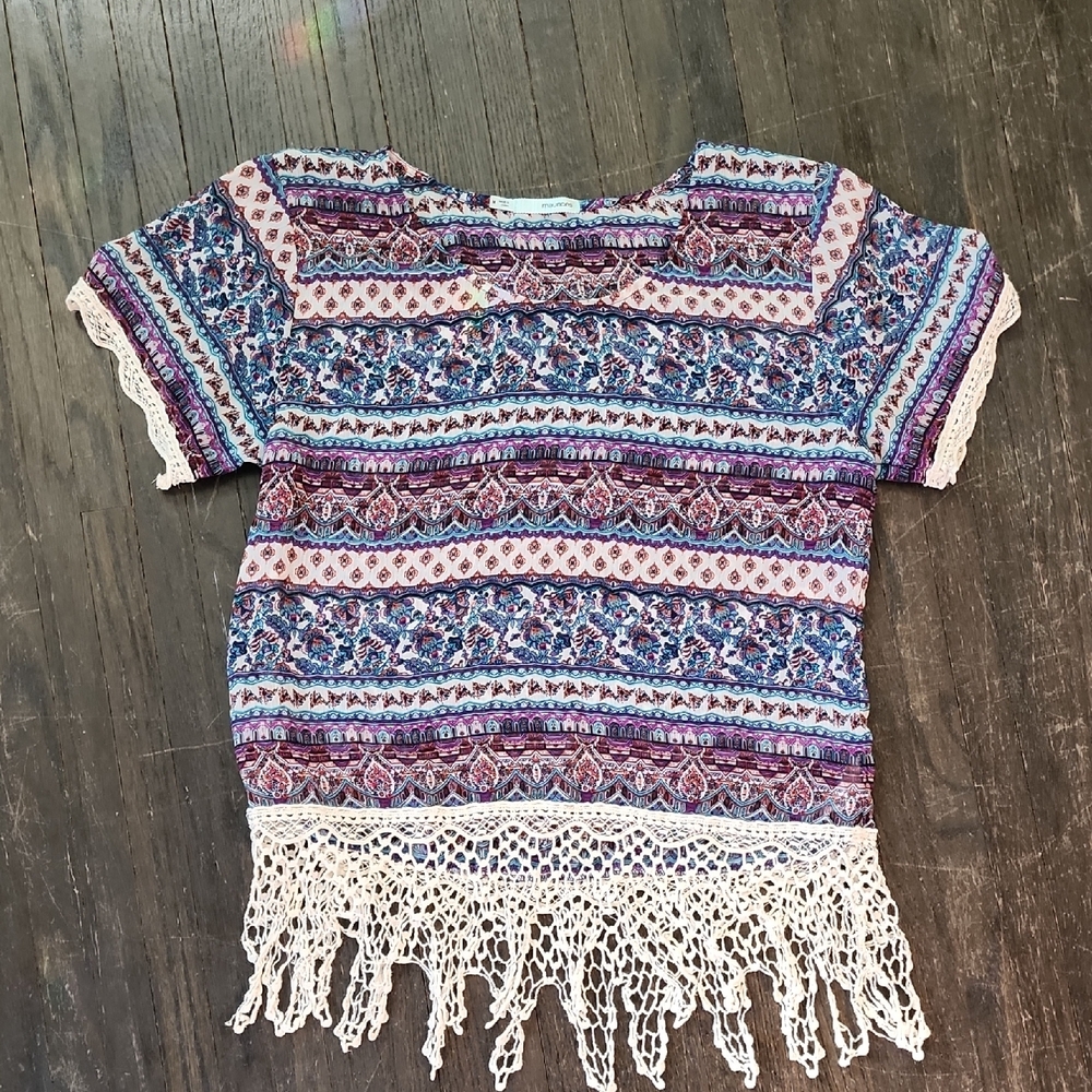 Maurices Boho Fringe Short Sleeve Top